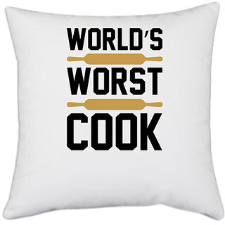                       UDNAG White Polyester 'Cooking | World' Pillow Cover [16 Inch X 16 Inch]                                              