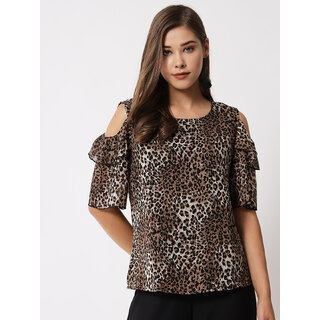                       Vivient Women Tiger Printed Cold Shoulder Top                                              