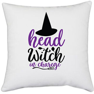                       UDNAG White Polyester 'Witch | head witch in charge' Pillow Cover [16 Inch X 16 Inch]                                              