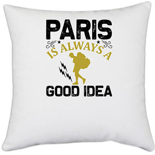 UDNAG White Polyester 'Travelling | Paris' Pillow Cover [16 Inch X 16 Inch]