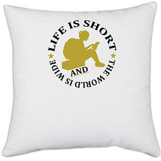                       UDNAG White Polyester 'Travelling | Life is copy' Pillow Cover [16 Inch X 16 Inch]                                              