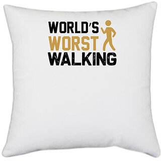                       UDNAG White Polyester 'Walking | World's copy 2' Pillow Cover [16 Inch X 16 Inch]                                              