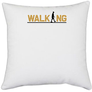                       UDNAG White Polyester 'Walking | Walking' Pillow Cover [16 Inch X 16 Inch]                                              