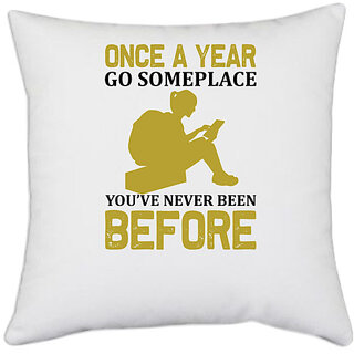                       UDNAG White Polyester 'Travelling | Once a year' Pillow Cover [16 Inch X 16 Inch]                                              
