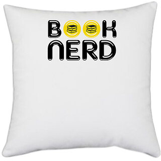                       UDNAG White Polyester 'Books | Book nerd' Pillow Cover [16 Inch X 16 Inch]                                              