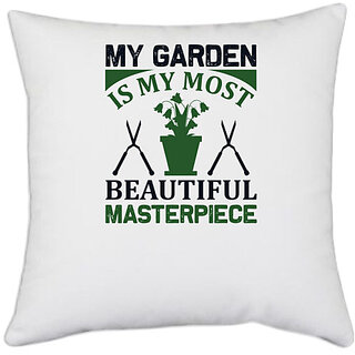                       UDNAG White Polyester 'Garden | My garden' Pillow Cover [16 Inch X 16 Inch]                                              