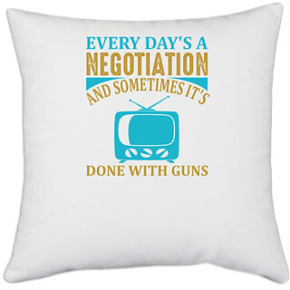                       UDNAG White Polyester 'TV | Every day' Pillow Cover [16 Inch X 16 Inch]                                              