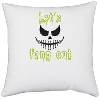                       UDNAG White Polyester 'Halloween | Lets fang out copy' Pillow Cover [16 Inch X 16 Inch]                                              