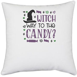                       UDNAG White Polyester 'Witch hat | Witch Way to the candy' Pillow Cover [16 Inch X 16 Inch]                                              