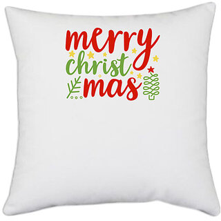                       UDNAG White Polyester 'Christmas | merry christmassss' Pillow Cover [16 Inch X 16 Inch]                                              