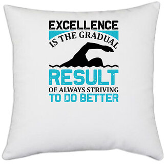                       UDNAG White Polyester 'Swimming | Excellence' Pillow Cover [16 Inch X 16 Inch]                                              