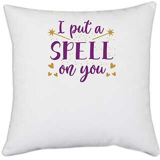                       UDNAG White Polyester 'witch | I put a spell on you' Pillow Cover [16 Inch X 16 Inch]                                              