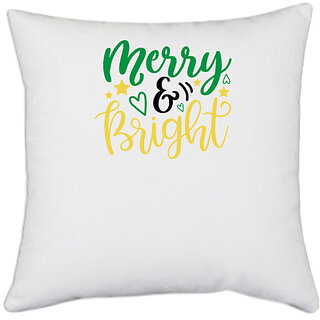                       UDNAG White Polyester 'Christmas | merry and bright' Pillow Cover [16 Inch X 16 Inch]                                              