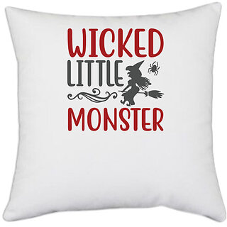                       UDNAG White Polyester 'witch | Wicked Little Monster' Pillow Cover [16 Inch X 16 Inch]                                              
