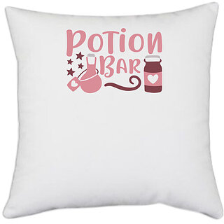                       UDNAG White Polyester 'witch | Potion Bar' Pillow Cover [16 Inch X 16 Inch]                                              