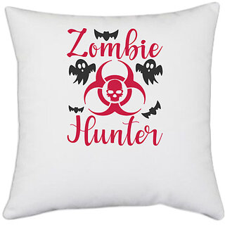                       UDNAG White Polyester 'Zombie | Zombie Hunter' Pillow Cover [16 Inch X 16 Inch]                                              