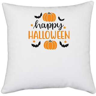                       UDNAG White Polyester 'Halloween | Happy Halloweenn' Pillow Cover [16 Inch X 16 Inch]                                              