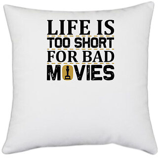                      UDNAG White Polyester 'Movies | Life is' Pillow Cover [16 Inch X 16 Inch]                                              