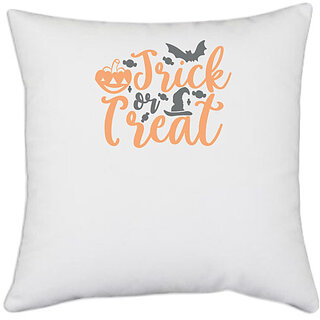                       UDNAG White Polyester 'Halloween | Trick or Treat_2' Pillow Cover [16 Inch X 16 Inch]                                              