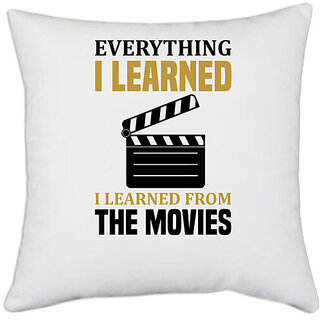                       UDNAG White Polyester 'Movies | Everything' Pillow Cover [16 Inch X 16 Inch]                                              