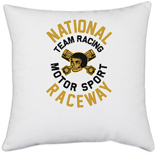                       UDNAG White Polyester 'Racing | National' Pillow Cover [16 Inch X 16 Inch]                                              