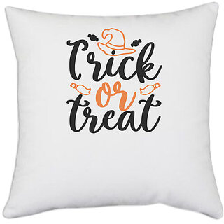                       UDNAG White Polyester 'Halloween | Trick or treat' Pillow Cover [16 Inch X 16 Inch]                                              
