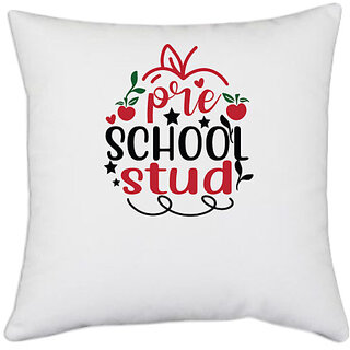                       UDNAG White Polyester 'Teacher Student | pre-school stud' Pillow Cover [16 Inch X 16 Inch]                                              