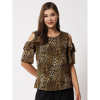                       Vivient Women White Mix Tiger Printed Cold Shoulder Top                                              