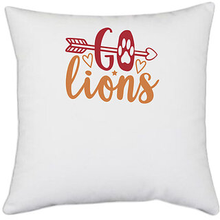                       UDNAG White Polyester 'Lion | go lions' Pillow Cover [16 Inch X 16 Inch]                                              