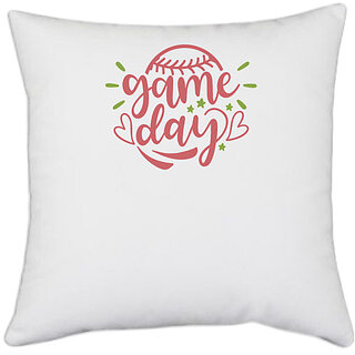                       UDNAG White Polyester 'Sports Day | game day' Pillow Cover [16 Inch X 16 Inch]                                              