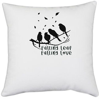                       UDNAG White Polyester 'Love birds | Falling leaf falling love' Pillow Cover [16 Inch X 16 Inch]                                              