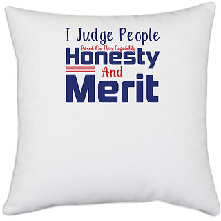                       UDNAG White Polyester 'Honesty | Donalt Trump' Pillow Cover [16 Inch X 16 Inch]                                              