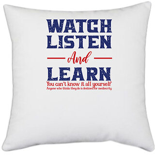                       UDNAG White Polyester 'Watch listen and learn | Donalt Trump' Pillow Cover [16 Inch X 16 Inch]                                              
