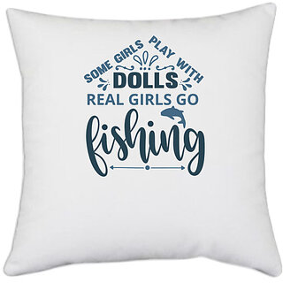                       UDNAG White Polyester 'Fishing | Some girl play with' Pillow Cover [16 Inch X 16 Inch]                                              