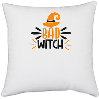                      UDNAG White Polyester 'Halloween | bad witch' Pillow Cover [16 Inch X 16 Inch]                                              