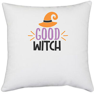                       UDNAG White Polyester 'Halloween | good witch' Pillow Cover [16 Inch X 16 Inch]                                              