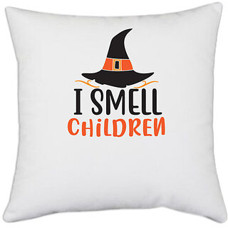                       UDNAG White Polyester 'Halloween | I smell children' Pillow Cover [16 Inch X 16 Inch]                                              