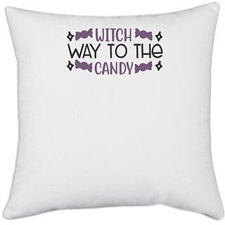                       UDNAG White Polyester 'Halloween | Witch Way to the candy copy' Pillow Cover [16 Inch X 16 Inch]                                              