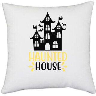                       UDNAG White Polyester 'Halloween | Haunted House' Pillow Cover [16 Inch X 16 Inch]                                              