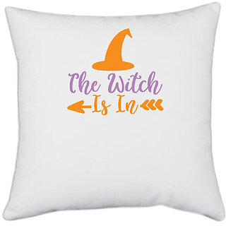                      UDNAG White Polyester 'Halloween | The Witch is in' Pillow Cover [16 Inch X 16 Inch]                                              