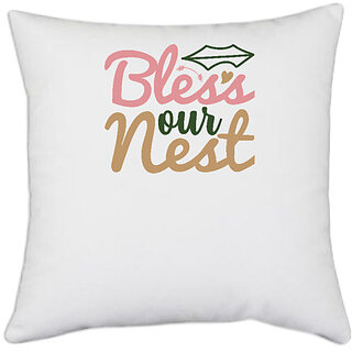                       UDNAG White Polyester 'Christmas | bless our nest' Pillow Cover [16 Inch X 16 Inch]                                              