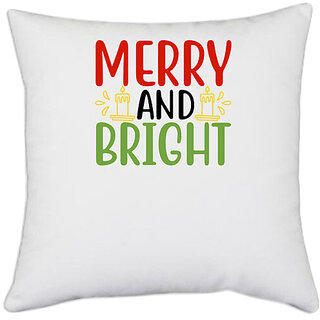                       UDNAG White Polyester 'Christmas | merry and brightt' Pillow Cover [16 Inch X 16 Inch]                                              