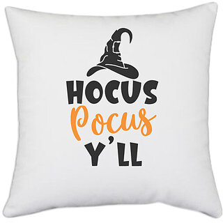                       UDNAG White Polyester 'Witch hat | hocus pocus yll' Pillow Cover [16 Inch X 16 Inch]                                              