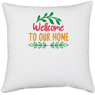                       UDNAG White Polyester 'Christmas | wellcome to our home' Pillow Cover [16 Inch X 16 Inch]                                              