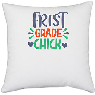                       UDNAG White Polyester 'Student teacher | first grade chick' Pillow Cover [16 Inch X 16 Inch]                                              
