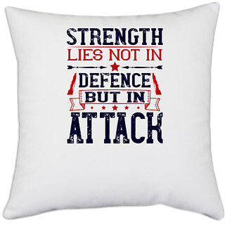                       UDNAG White Polyester 'Airforce | Strength lies not in defence but in attack' Pillow Cover [16 Inch X 16 Inch]                                              