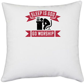                       UDNAG White Polyester 'Sleeping | Sleep Go worship' Pillow Cover [16 Inch X 16 Inch]                                              