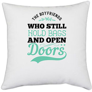                       UDNAG White Polyester 'Couple | The Boyfriends who still hold bags and open doors' Pillow Cover [16 Inch X 16 Inch]                                              