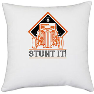                      UDNAG White Polyester 'Hot Rod Car | Stunt IT!' Pillow Cover [16 Inch X 16 Inch]                                              
