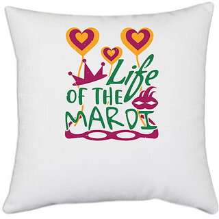                       UDNAG White Polyester 'Mardi Gras | Life of the Mardi' Pillow Cover [16 Inch X 16 Inch]                                              